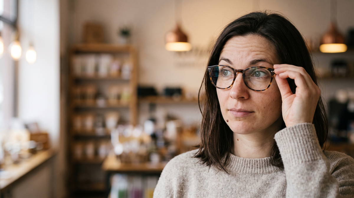 Žena namešta nove dioptrijske naočare i gleda u daljinu