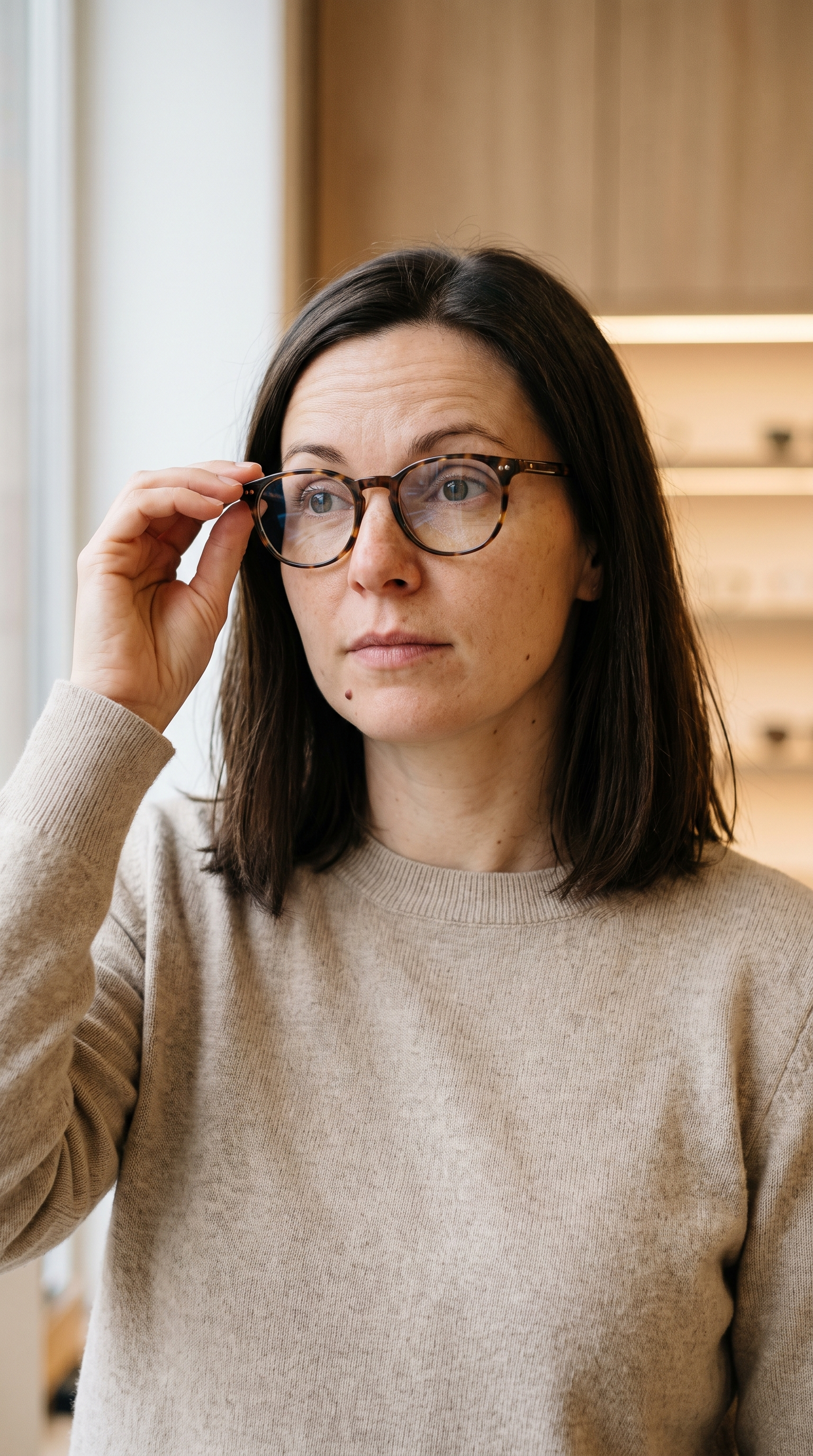 Žena namešta nove dioptrijske naočare u optici